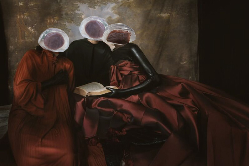 three women in red and black dresses